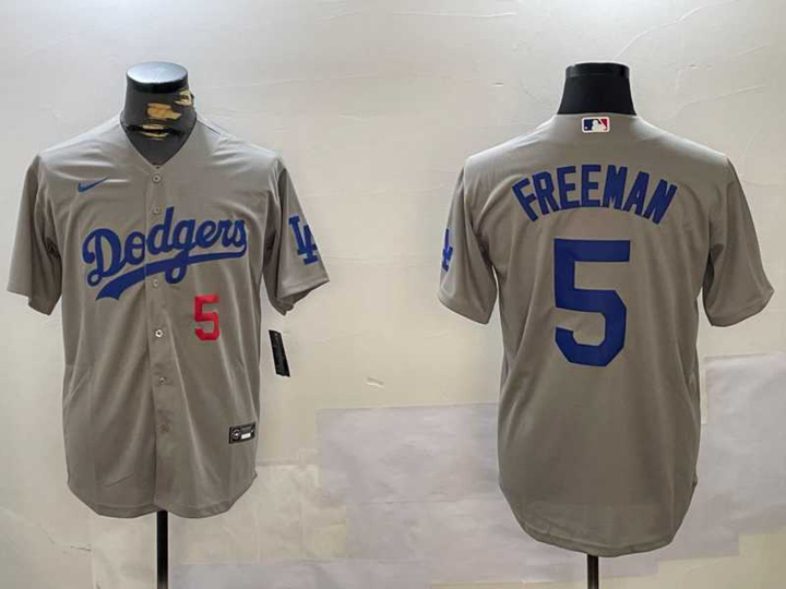 Mens Los Angeles Dodgers #5 Freddie Freeman Number Grey Cool Base Jersey